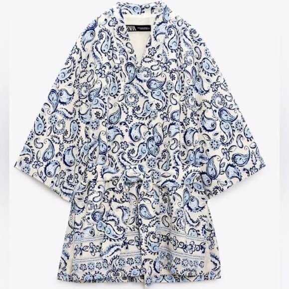 Zara Kimono Jacket Paisley Belted M/L Cream Blue Boho Oversized Resortwear EUC - Picture 1 of 13